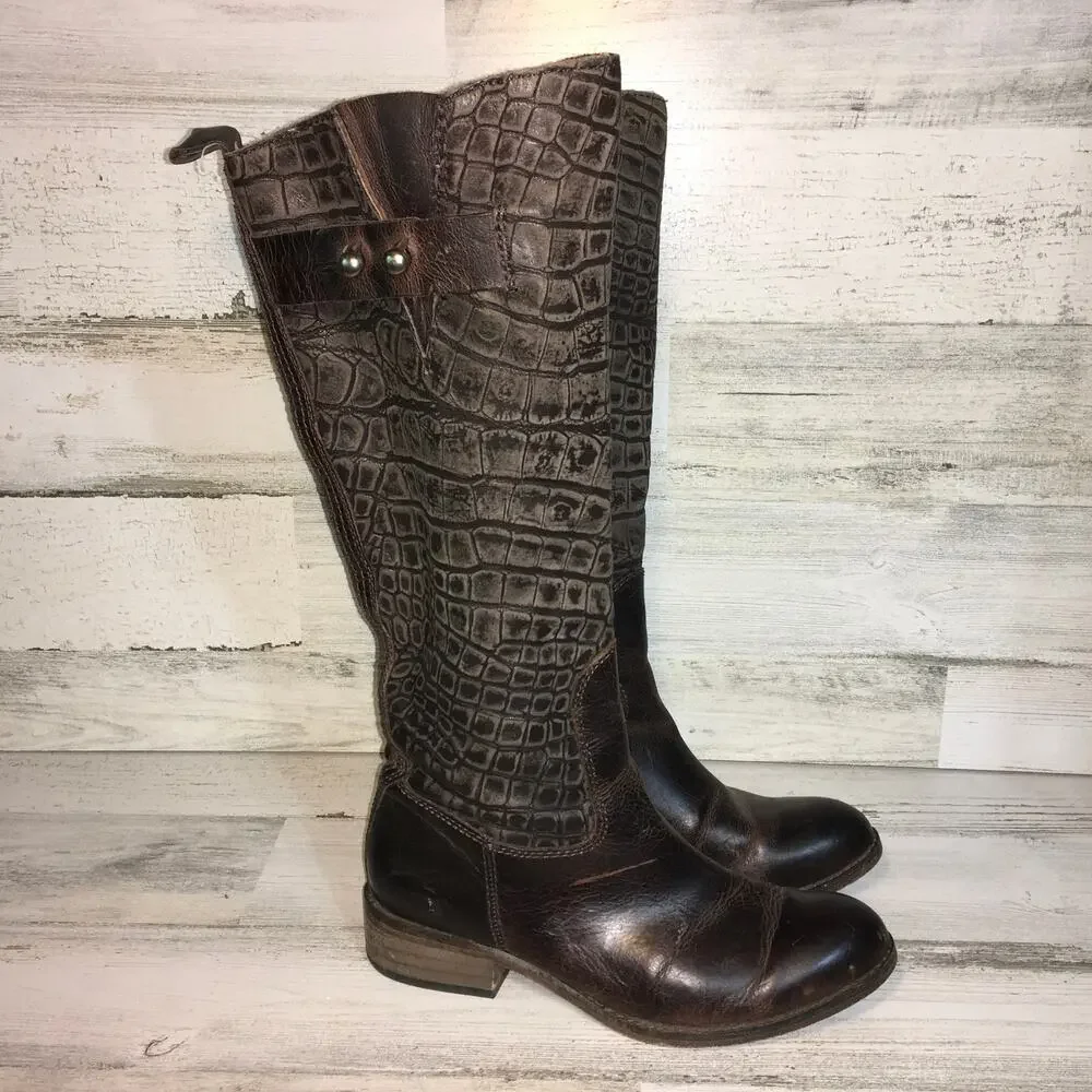 Lucchese Spirit Bailey Croc Embossed Leather Riding Boot Womens 6 Brown Tall